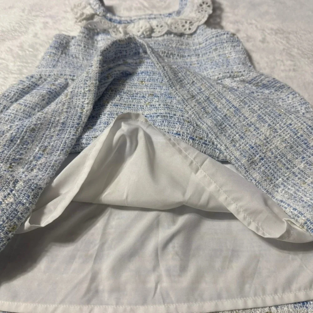Janie and Jack Tweed Dress Kids Size 3 Blue White Eyelet Lace Metallic Gold